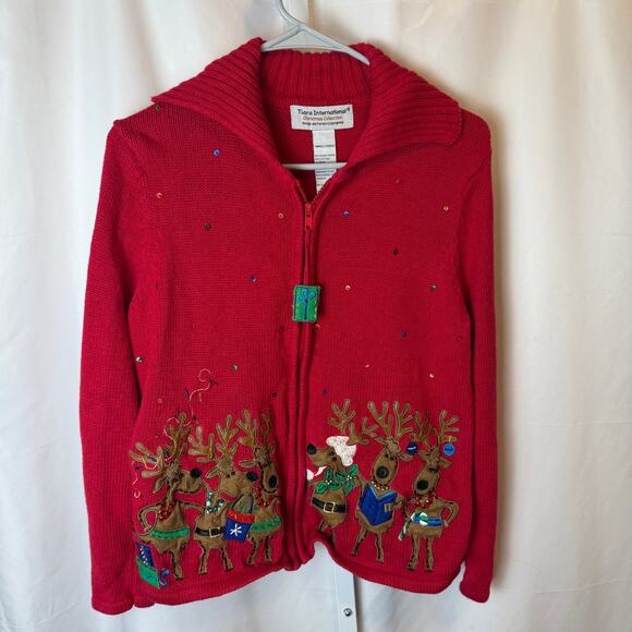 VTG Tiara International Christmas Reindeer Zip Cardigan Sweater Small Holiday - Picture 1 of 5